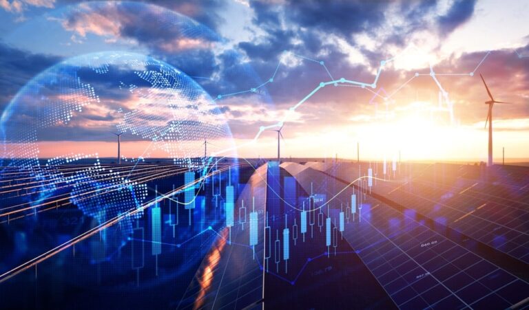 sullo sfondo di un impianto fotovoltaico in rilievo un diagramma dei prezzi molto variabili degli impianti fotovoltaici