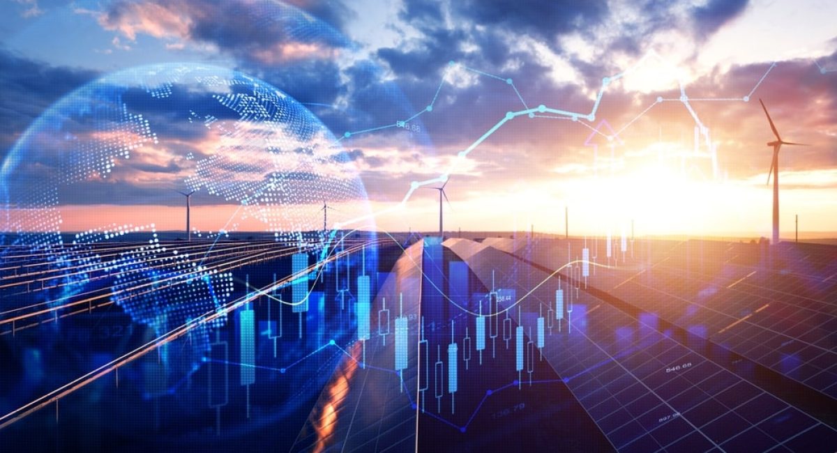 sullo sfondo di un impianto fotovoltaico in rilievo un diagramma dei prezzi molto variabili degli impianti fotovoltaici