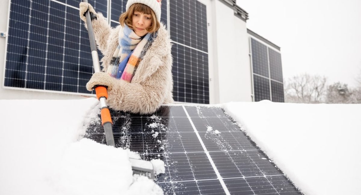 donna rimuove la neve dal pannello fotovoltaico il cui costo varia in base al luogo e alle dimensioni